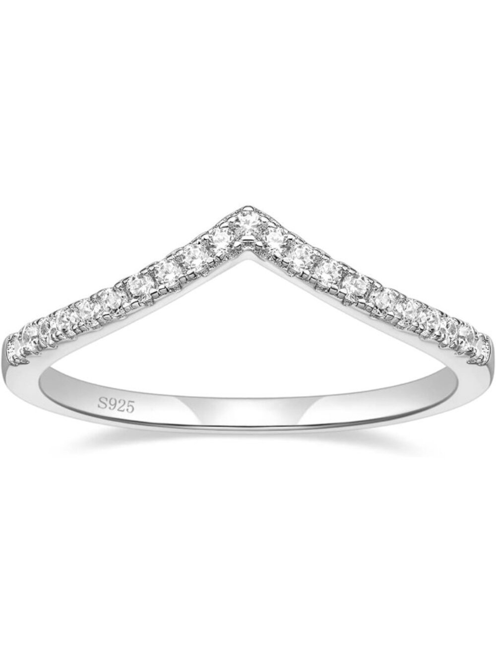 V-Shaped 925 Sterling Silver Stackable Ring with Cubic Zirconia - Size 4-12